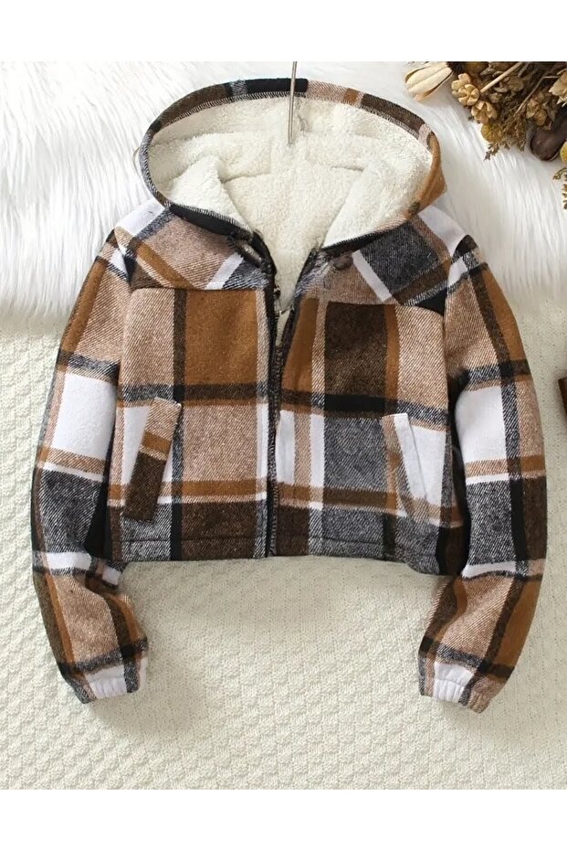 Unisex Zippered Plaid Plush Coat