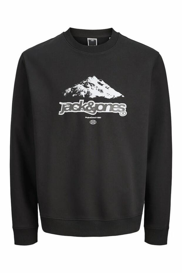 Men's Black Jcoflare Front Print Sweat Crew Neck Sweatshirt 12285680-Black