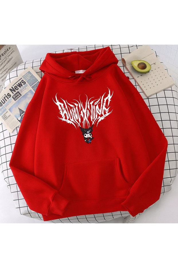 Unisex 3 Thread K Hooded Kangaroo Pocket Gothic Lettering B Printed O Oversized Street Sweatshirt