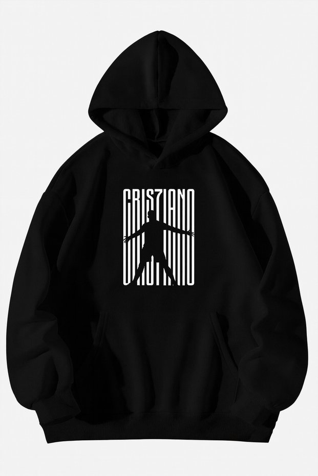 Unisex Oversized Hooded Black Minimal Silhouette Printed Streetwear Sports Sweatshirt