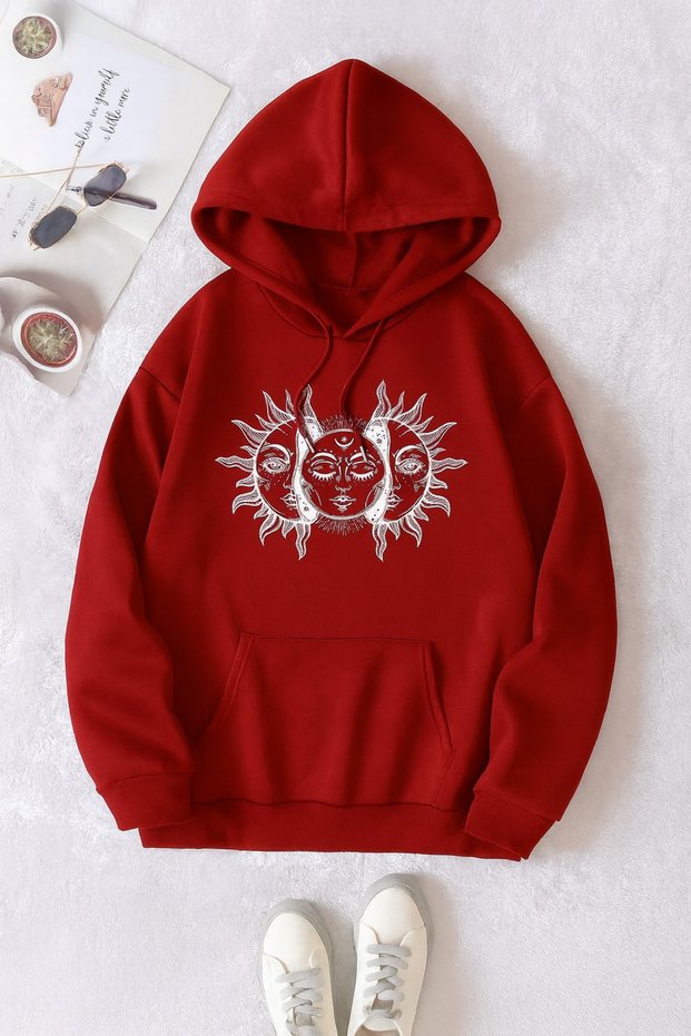 Unisex 3 Thread K Hooded Kangaroo Pocket Sun and Moon B Printed O Oversized Street Sweatshirt