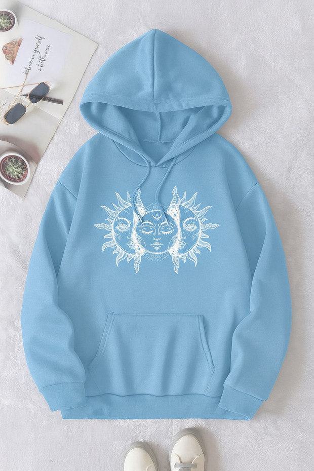Unisex 3 Thread K Hooded Kangaroo Pocket Sun and Moon B Printed O Oversized Street Sweatshirt