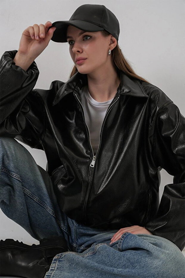 Oversize Suni Deri Ceket 1049 - Siyah - 1