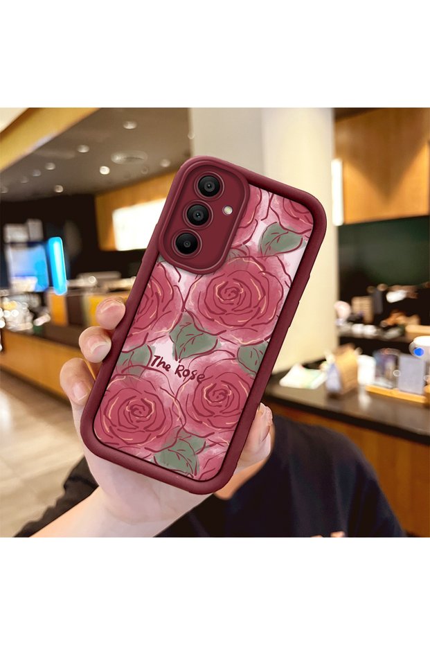 Samsung Galaxy A15 Compatible Rose Butterfly Patterned Burgundy Silicone Shockproof Case