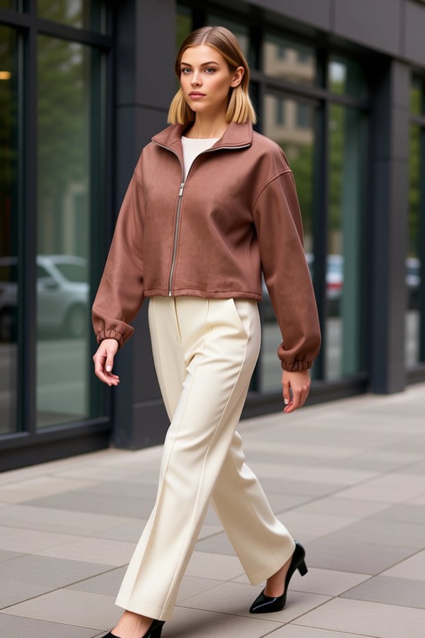 Women's Mock Neck Zippered Plain Knitted Suede Crop Jacket Functional Durable Quality Comfortable Stylish