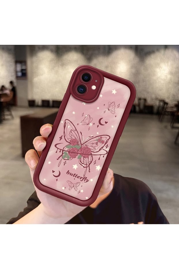 حافظة مقاومة للصدمات من السيليكون باللون العنابي بنمط الفراشة الوردية المتوافقة مع هاتف iPhone 12