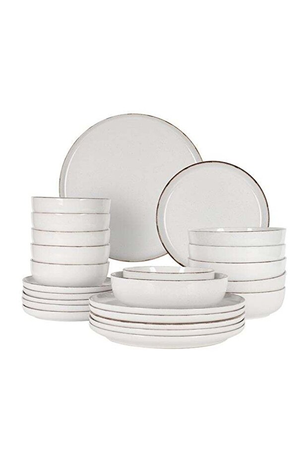 24 piece Stoneware Dinnerware Set, Set for 6, Microwave & Dishwasher Safe, White with Brown Rim