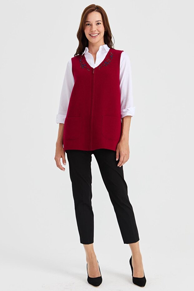 Embroidery Detailed Zippered Knitwear Vest - Red