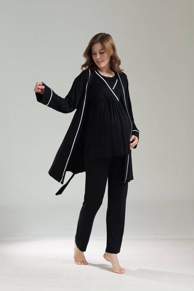Women's Piped Long Sleeve Maternity Pajama Set with Dressing Gown, 3-Piece Pajama Set