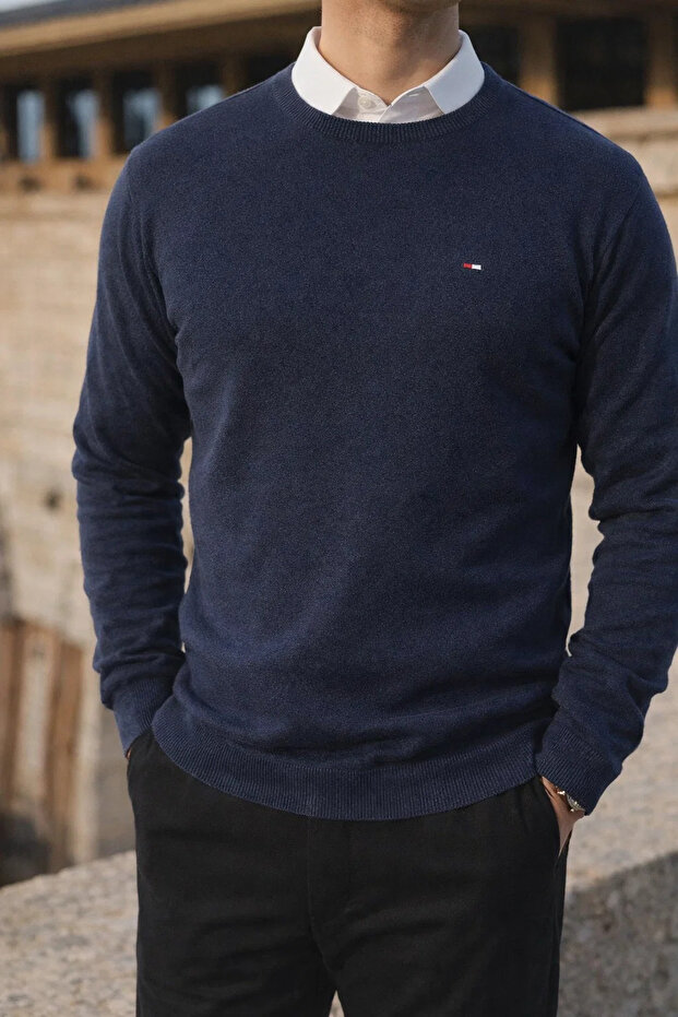 Erkek Kışlık Bisiklet Yaka Dar Mavi Basic Kazak - 2