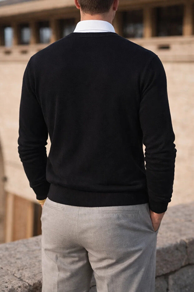 Erkek Kışlık Bisiklet Yaka Dar Siyah Basic Kazak - 6