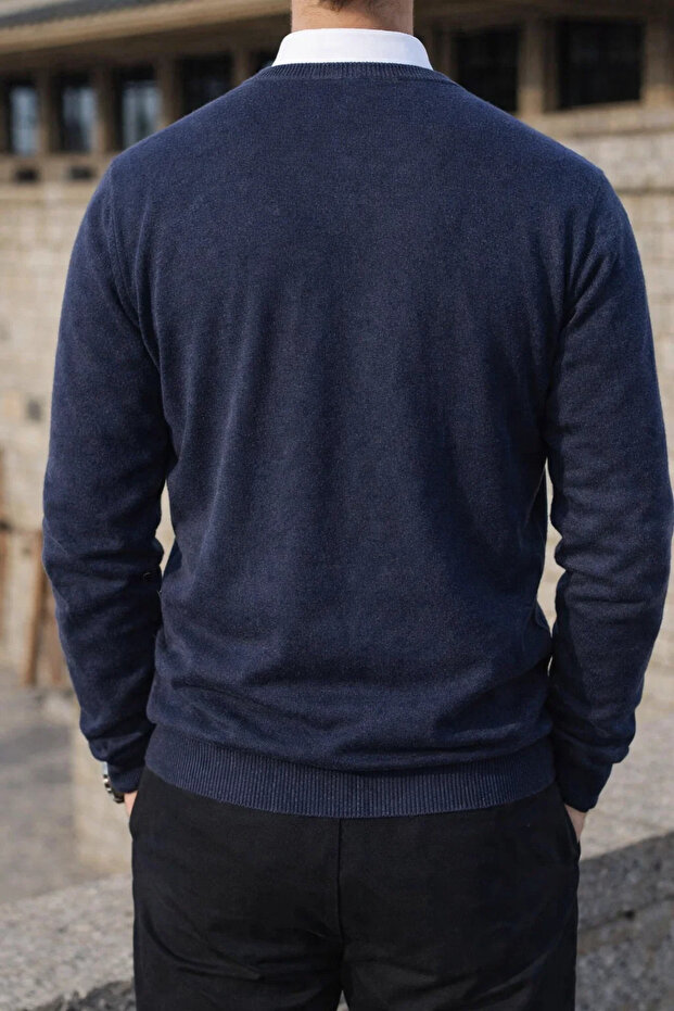 Erkek Kışlık Bisiklet Yaka Dar Mavi Basic Kazak - 5