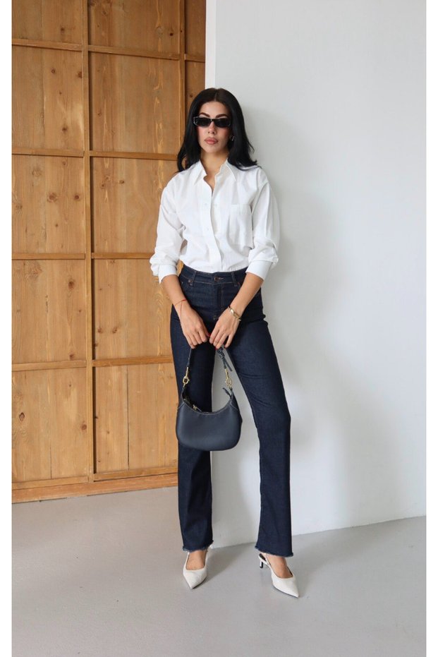 High Waist Tassel Detailed Dark Navy Blue Jean Trousers
