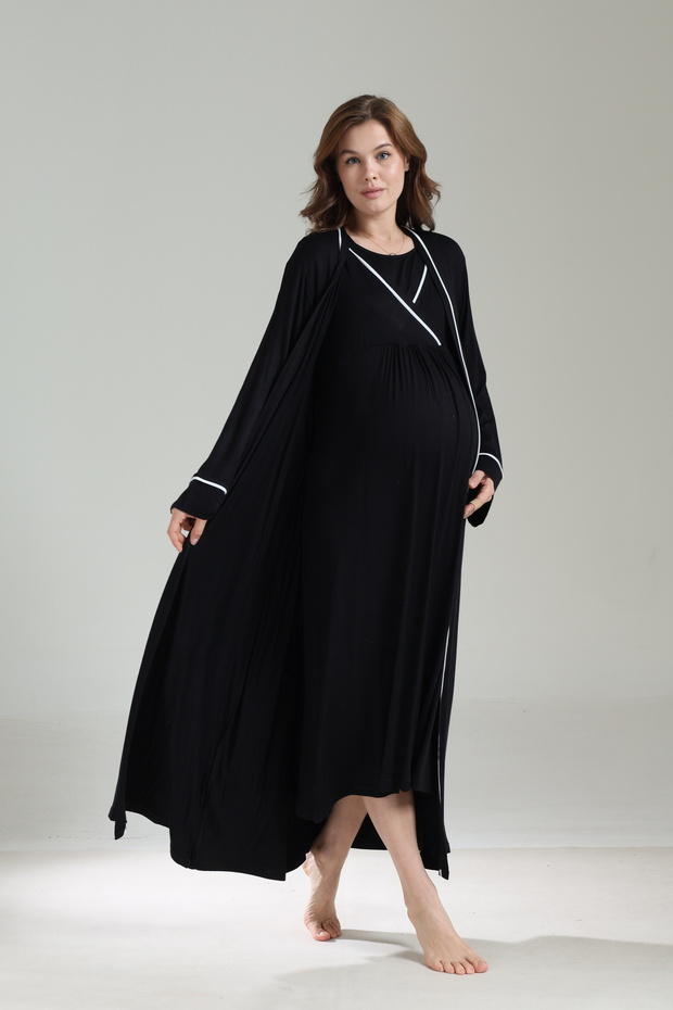 Women's Piped Long Sleeve 2-Piece Robe Nightgown Set