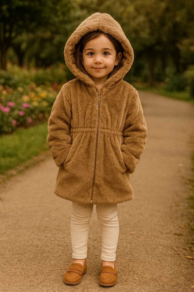 Unez Girls' Hooded Plush Coat – Furry, Soft Texture, Winter Jacket 6–13 Years Old