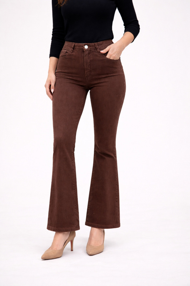 Lera Women's Brown High Waist Stretch Fabric Comfortable Flared Jeans Flare