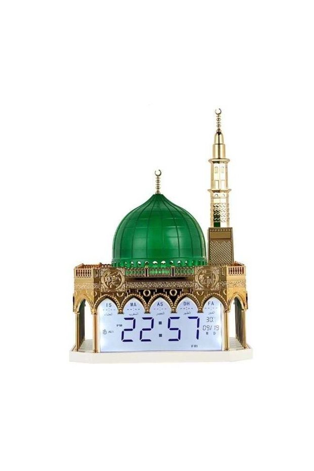 Masjid Nabawi Green Dome & Golden Minaret Showpiece – Islamic Home Decoration, Alarm Clock with Az