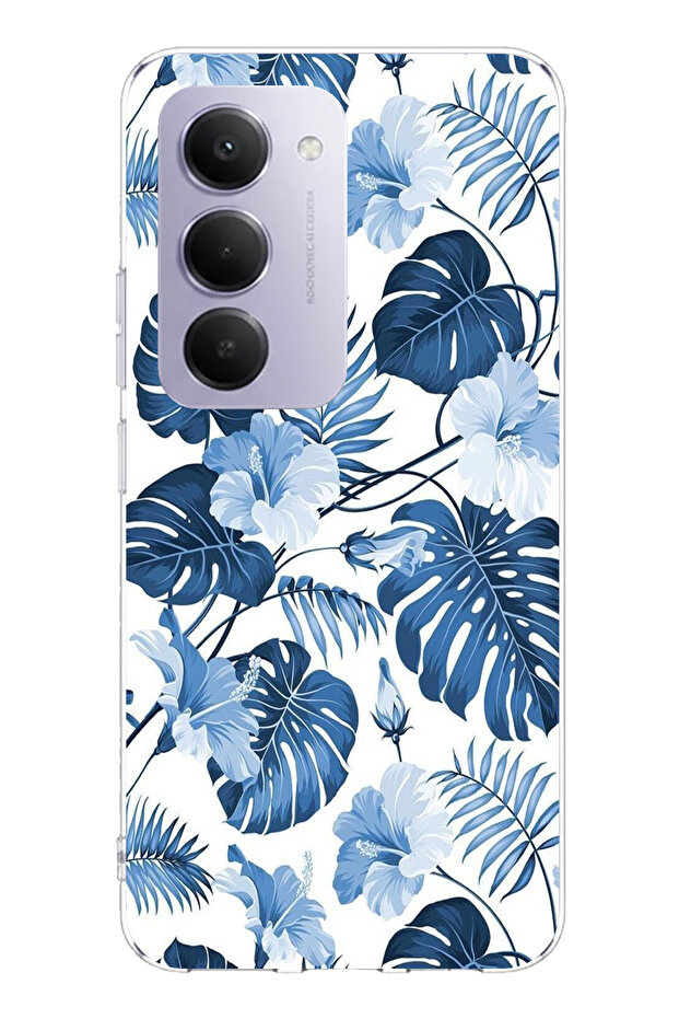حافظة سيليكون مطبوع متوافقة مع هاتف Redmi 15 4G بنمط أوراق الشجر الزرقاء والزهور - 1