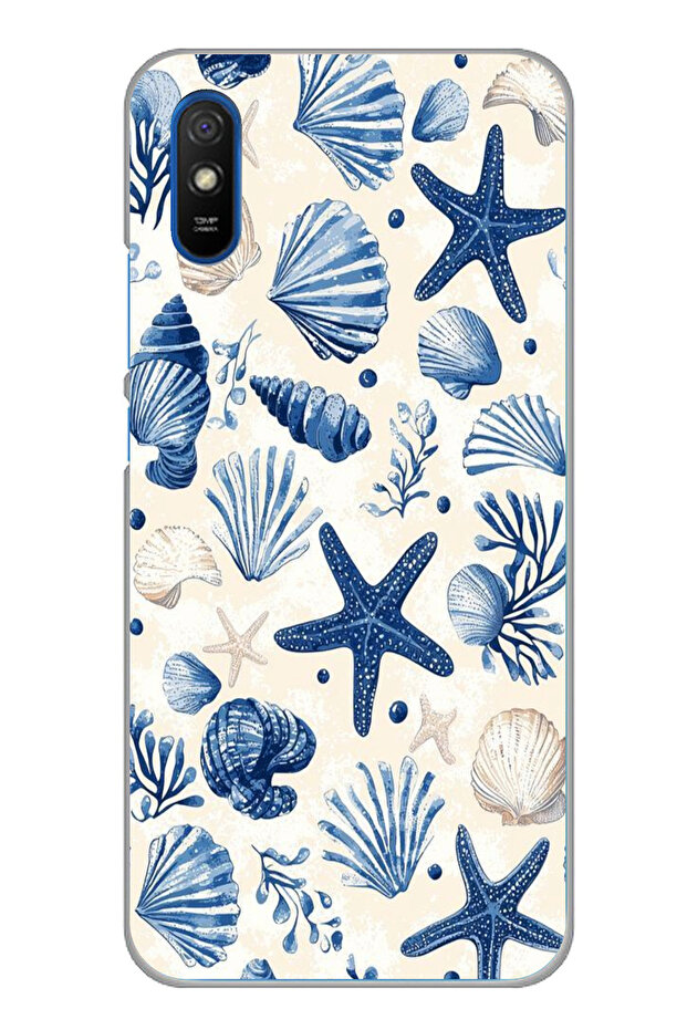 حافظة سيليكون مطبوع متوافقة مع Redmi 9A بنمط صدفة البحر الزرقاء والنجمة - 1