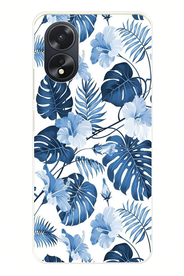 حافظة سيليكون مطبوع متوافقة مع هاتف اوبو A38 بنمط أوراق الشجر الزرقاء والزهور - 1