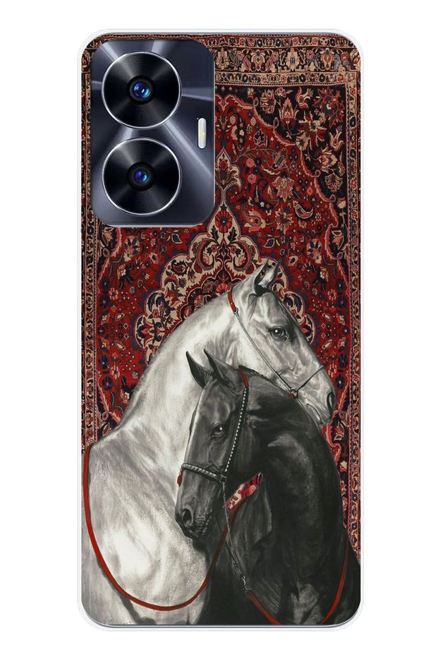 Realme C55 Compatible Traditional Carpet Motif Black and White Horse Printed Silicone Case