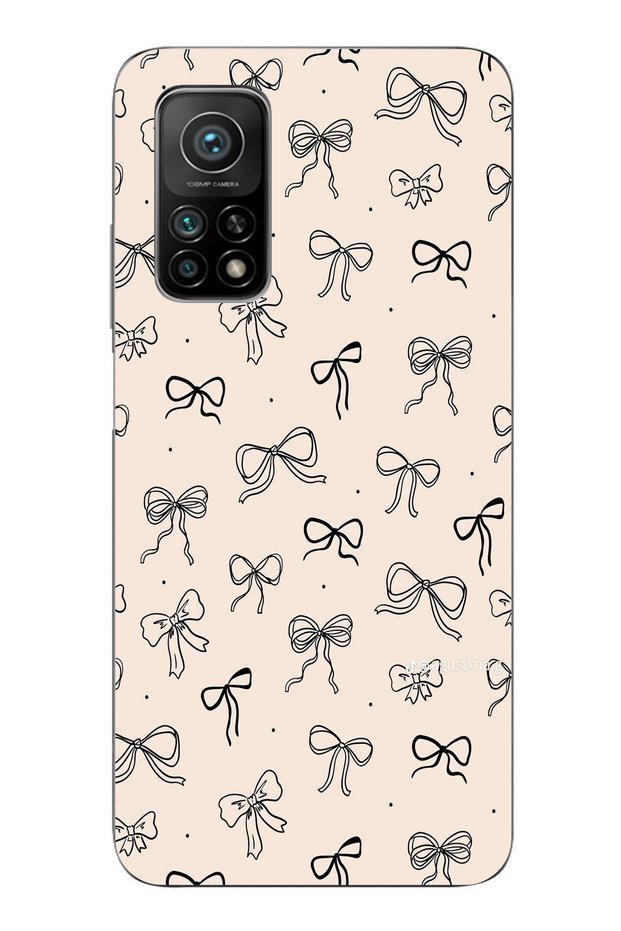 Xiaomi Mi 10T-10T Pro Compatible Black Bow Patterned Cream Color Printed Silicone Case