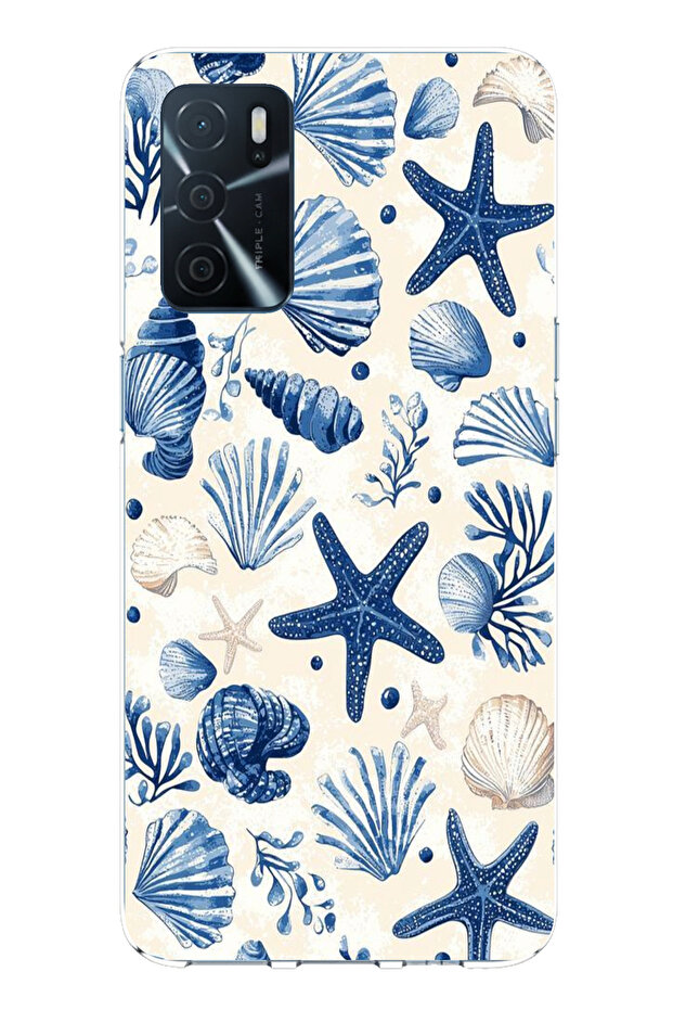Oppo A16 Compatible Blue Seashell and Star Pattern Printed Silicone Case - 1