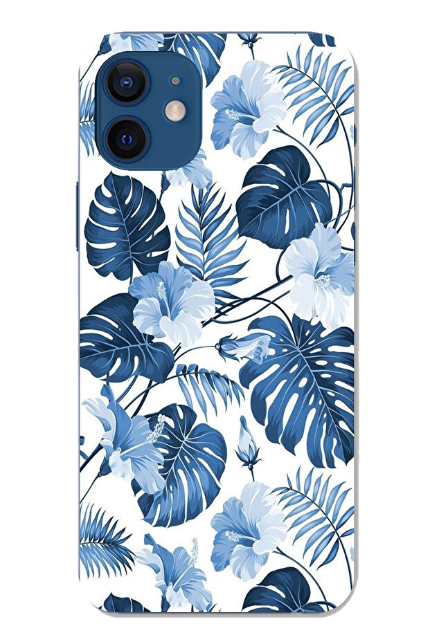 حافظة سيليكون مطبوع متوافقة مع هاتف iPhone 12-12 PRO بنمط أوراق الشجر الزرقاء والزهور - 1