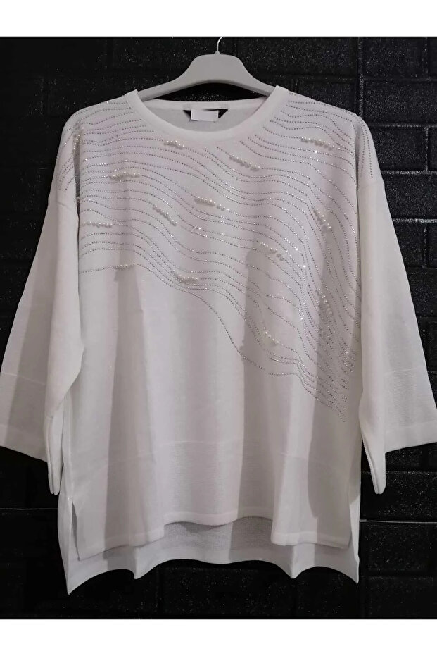 1st quality knitwear, shiny, three-quarter sleeve, relaxed fit, cotton sweater