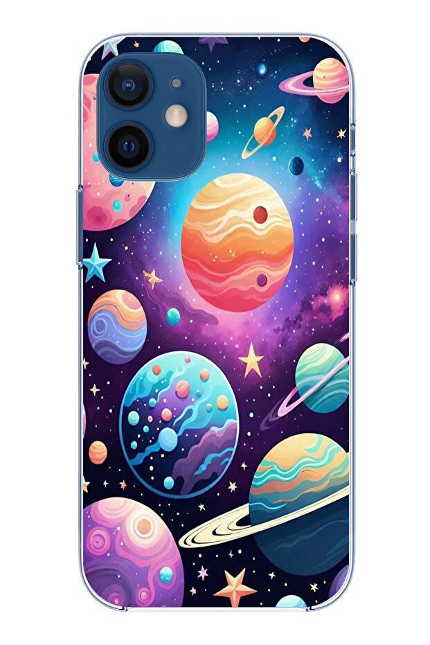 Printed Silicone Case Compatible with iPhone 12 Mini with Space, Planet and Star Patterns - 1