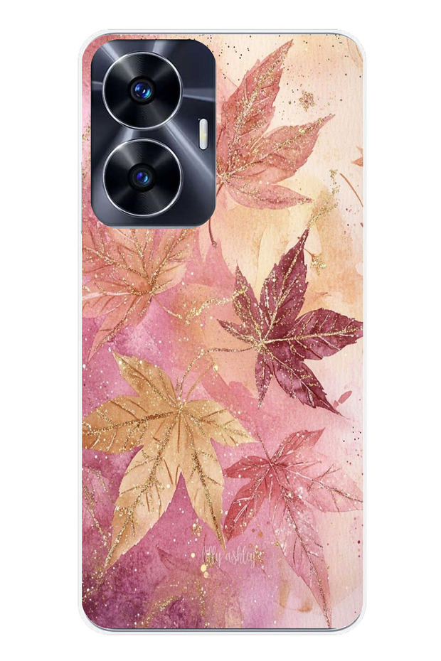 Realme C55 Compatible Pink and Burgundy Tone Leaf Printed Silicone Case