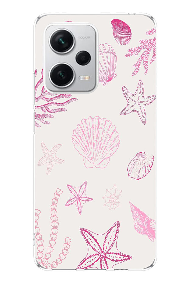 حافظة سيليكون متوافقة مع هاتف Redmi Note 12 PRO PLUS باللون الوردي وStarfish and Shell مطبوع - 1