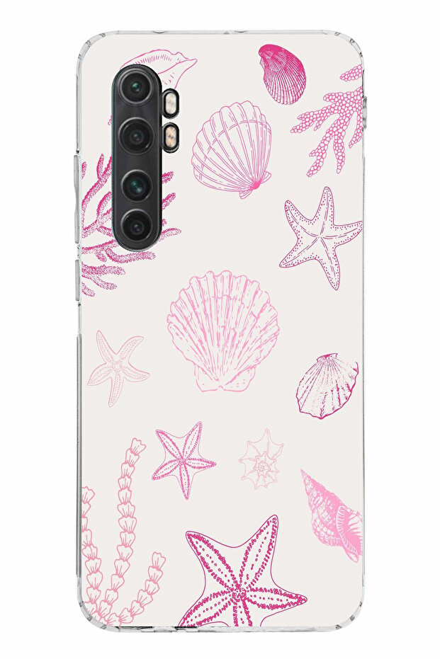 حافظة سيليكون متوافقة مع هاتف Mi Note 10 Lite باللون الوردي وStarfish and Shell مطبوع - 1