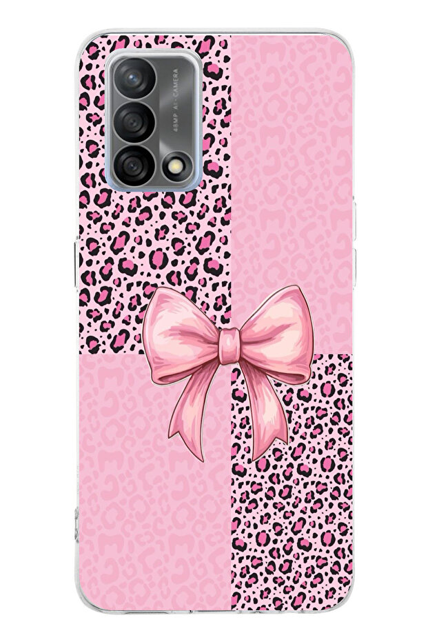 Oppo A74 Compatible Pink Leopard Pattern and Ribbon Printed Silicone Case - 1