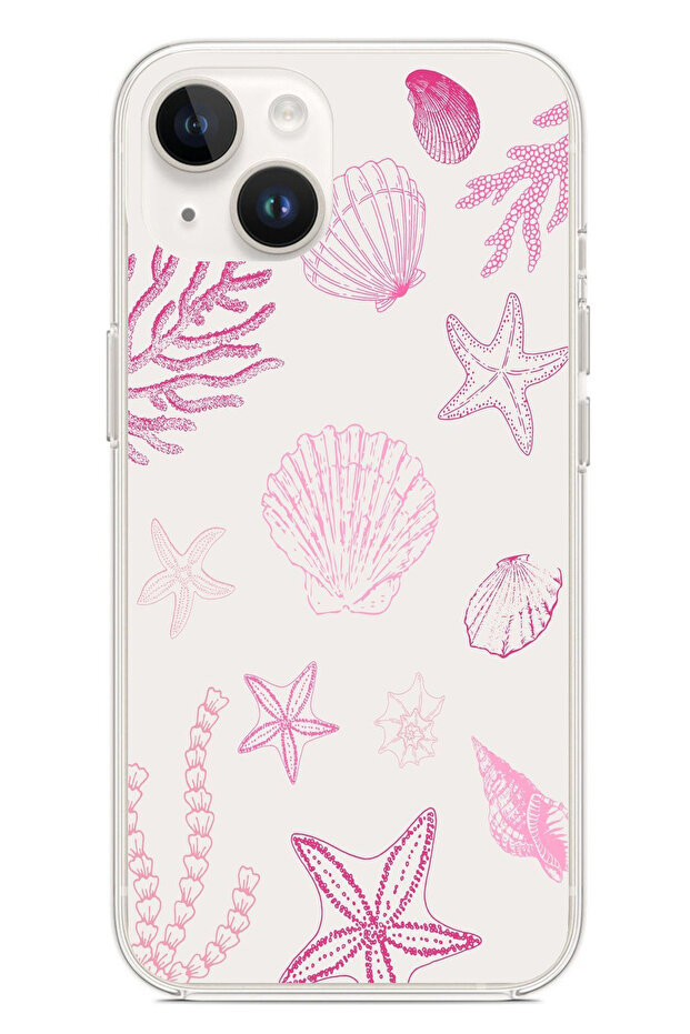 حافظة سيليكون متوافقة مع هاتف iPhone 13-14 باللون الوردي وStarfish and Shell مطبوع - 1