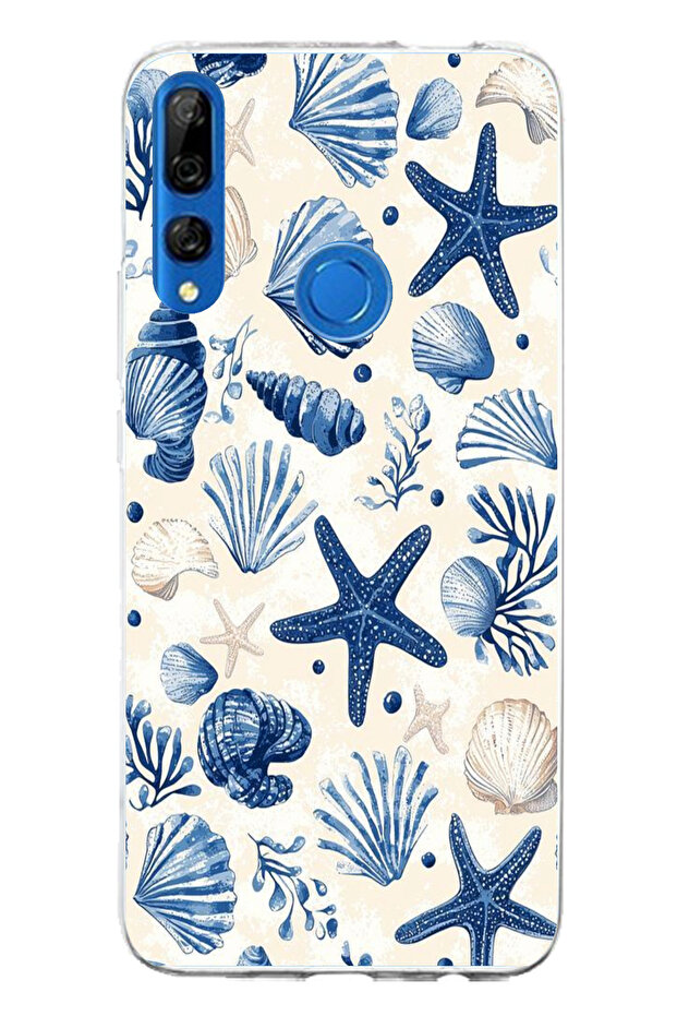 حافظة سيليكون مطبوع متوافقة مع هاتف Honor 9X بنمط صدفة البحر الزرقاء والنجمة - 1