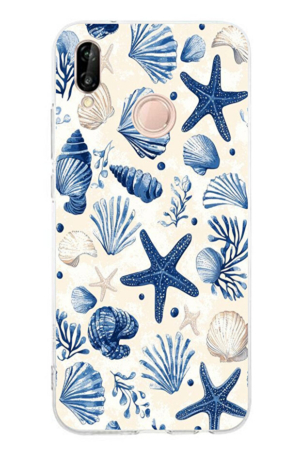 Printed Silicone Case Compatible with Huawei P20 Lite Blue Sea Shell and Star Pattern - 1