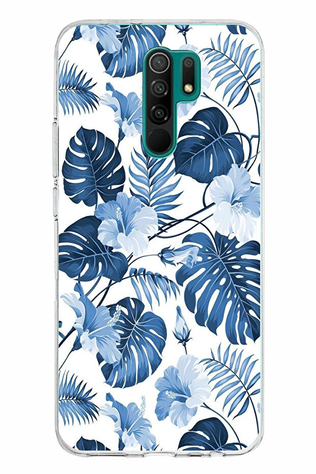 حافظة سيليكون مطبوع متوافقة مع هاتف Redmi 9 بنمط أوراق الشجر الزرقاء والزهور - 1