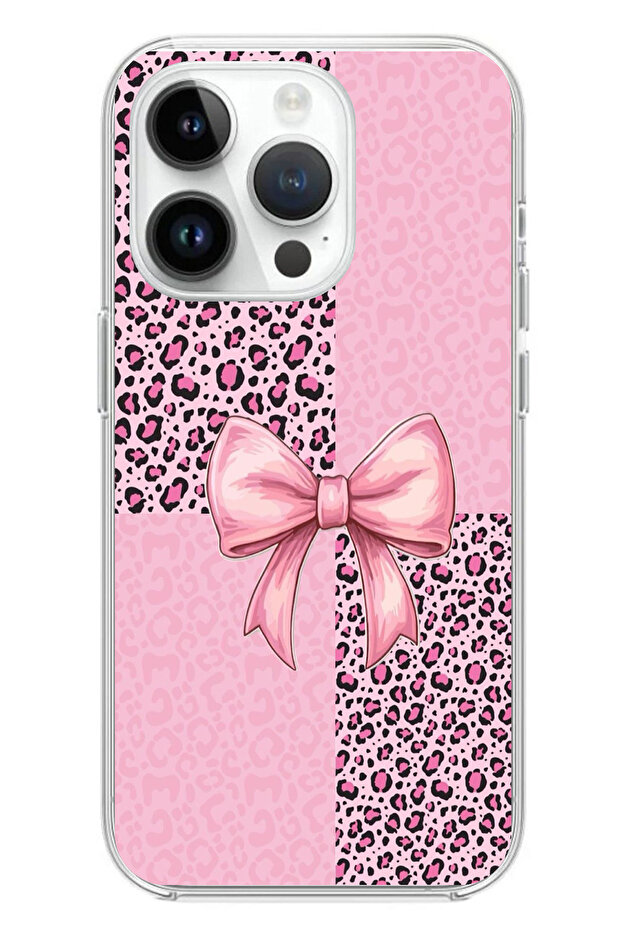 حافظة سيليكون متوافقة مع هاتف iPhone 14 PRO بنمط الفهد الوردي وشريط مطبوع - 1