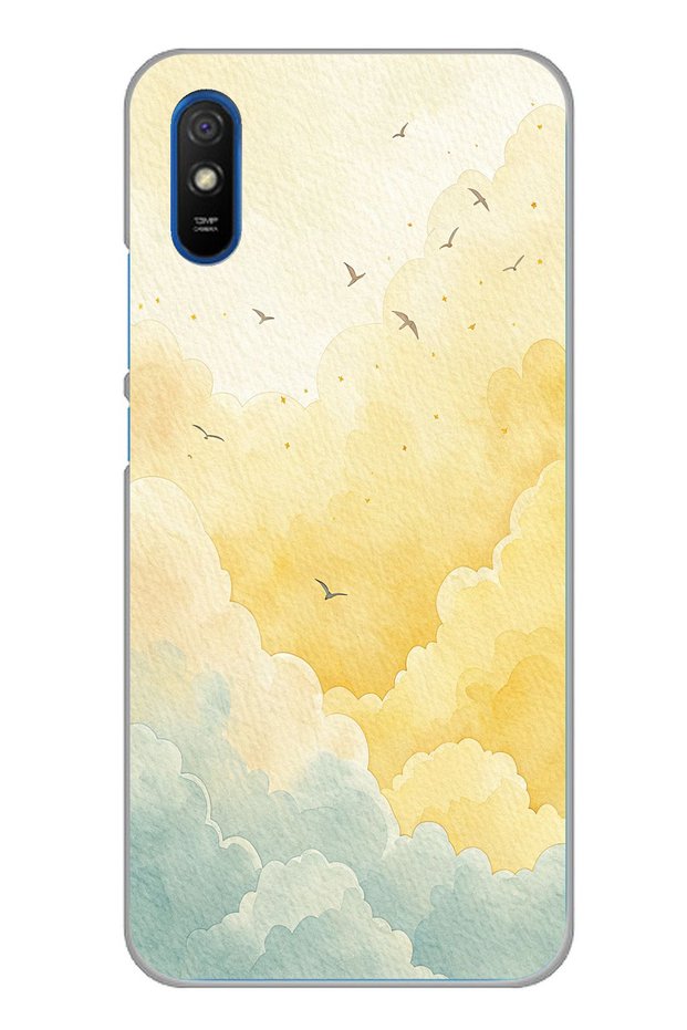 حافظة سيليكون متوافقة مع هاتف Redmi 9A باللونين الأصفر والأخضر على شكل سحابة وطيور مطبوع
