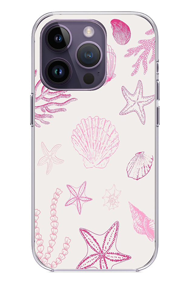 حافظة سيليكون متوافقة مع هاتف iPhone 14 PRO MAX باللون الوردي وStarfish and Shell مطبوع - 1