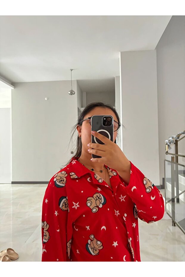 Red Velvet Front Buttoned Pajama Set - 3