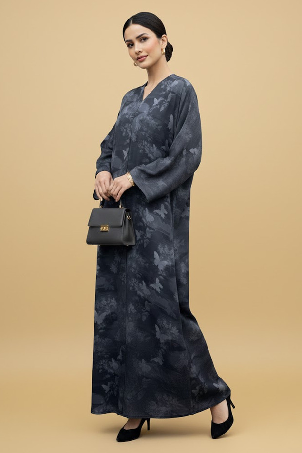 Arabic Style Womens Abaya Elegant Butterfly Printed V-neck Button Closure Long Muslim Modest Abaya