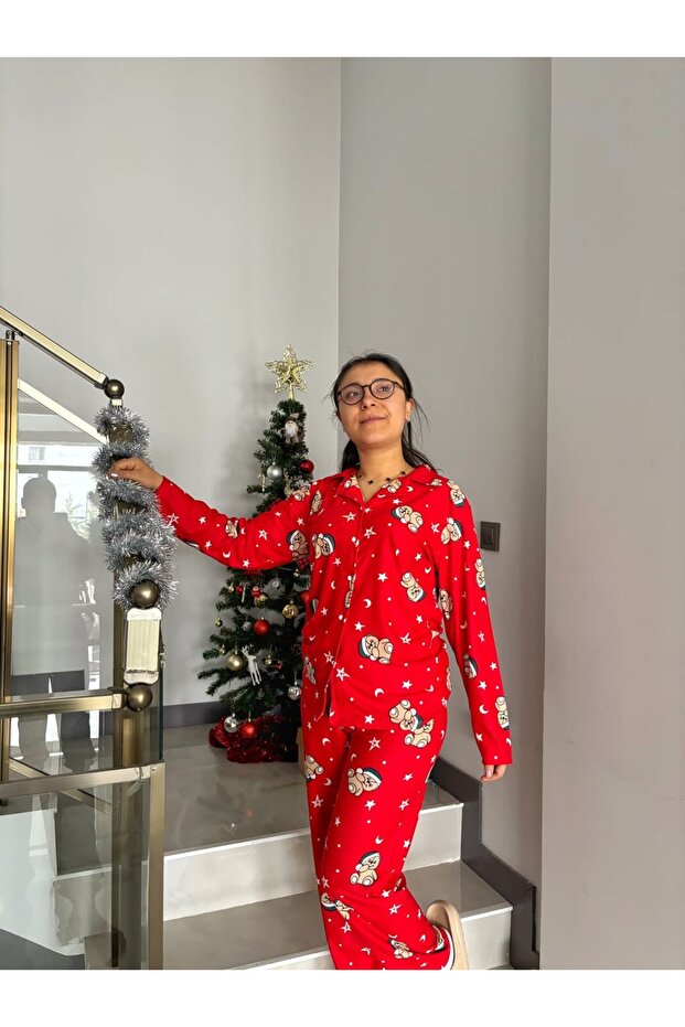 Red Velvet Front Buttoned Pajama Set - 1