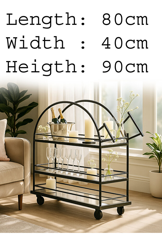 Serving Drink Cart 3-Tier Bar Cart with Glass Shelves, Fully Welded Metal Frame, Lockable Wheels - 1