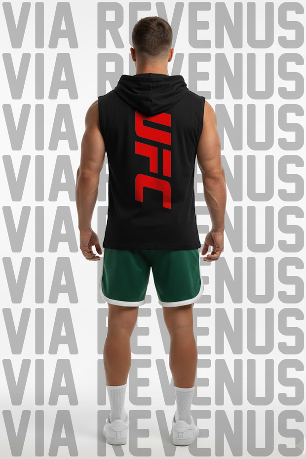 Ufc Printed Hooded Sleeveless Sports T-Shirt and Piped Sports Shorts Set Gym & Fitness Combo
