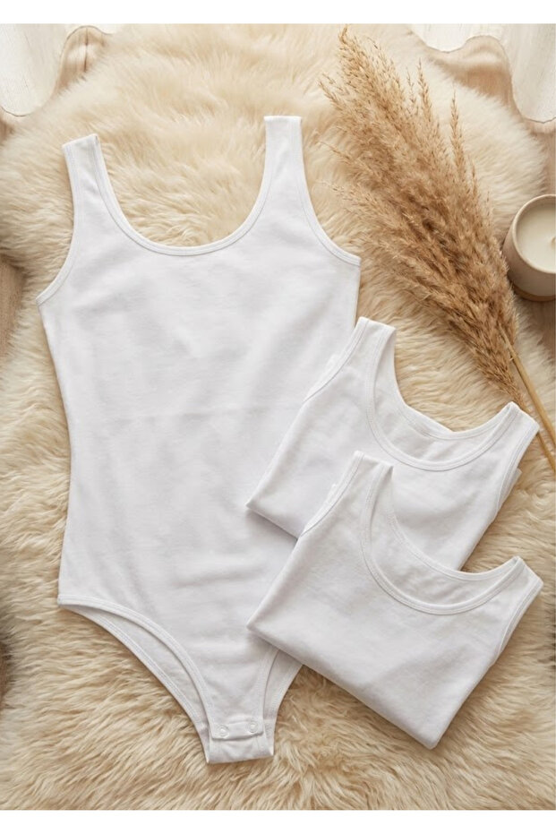 Women's 3-Pack 95% Cotton Stretch Fabric Thick Straps Snap-On Bodysuit Undershirt Set