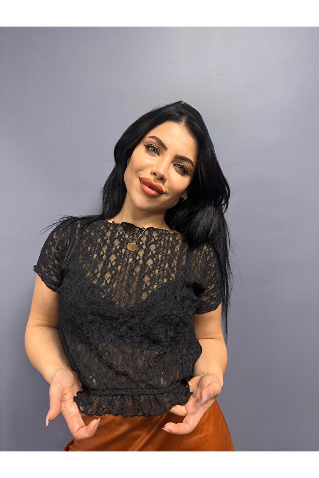volanlı dantelli bluz - 1