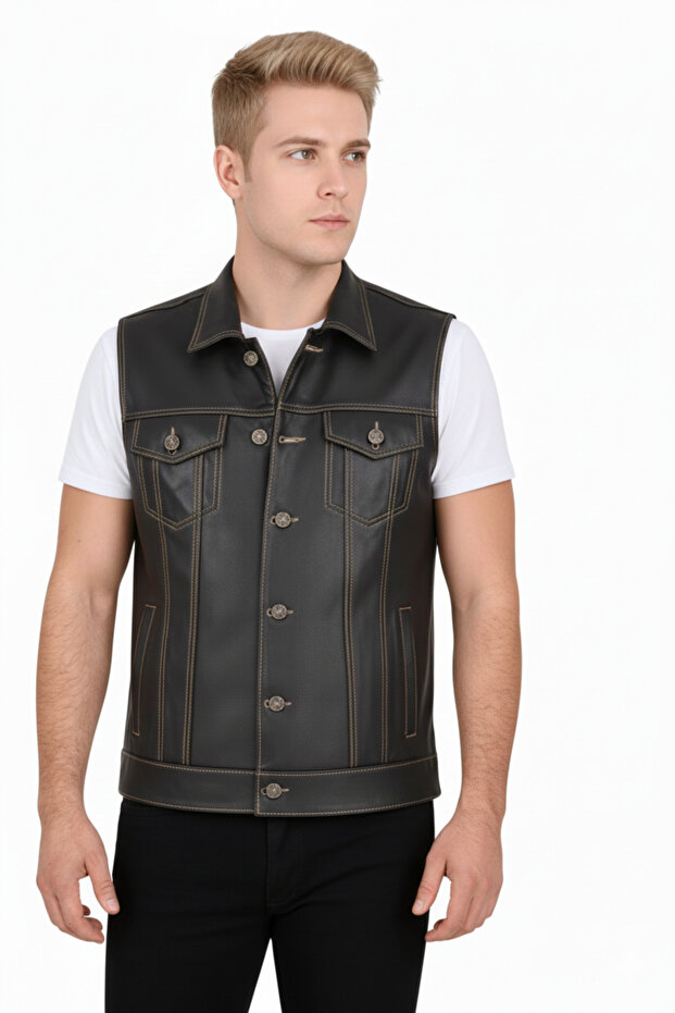 Genuine Leather Men's Biker Style Denim Model Leather Vest