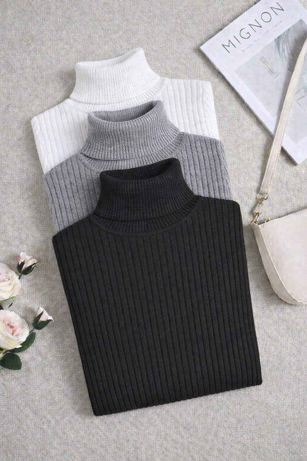 Women's Black White Gray 3-Piece Turtleneck Ribbed Knit Knitwear Sweater – Winter Model Suitable for Hijab